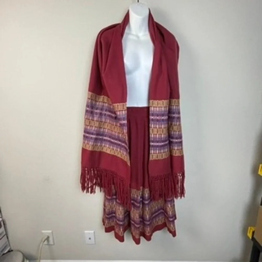 Marjory Jacobson Hand Woven Skirt & Shawl Set Burgundy‎ Geometric Boho Vintage
